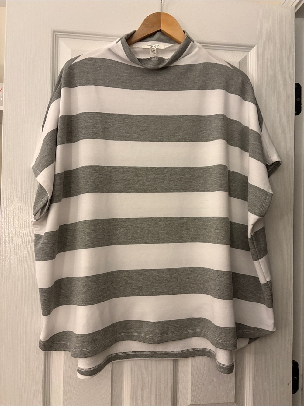 Cable & Gauge Mock-Neck Top Gray and White Striped Dolman-Sleeve